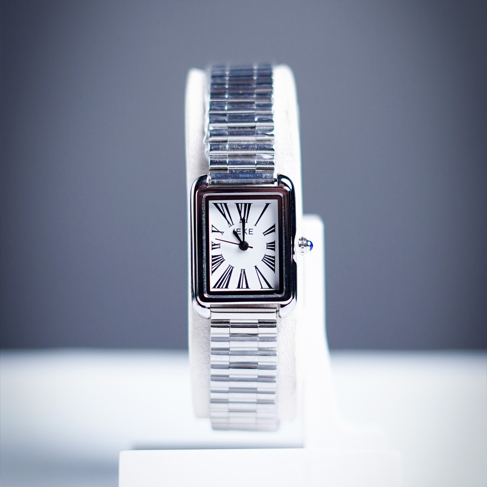 IEKE Square Retro Women’s Watch – Roman Numerals & White Dial with Stainless Steel Strap
