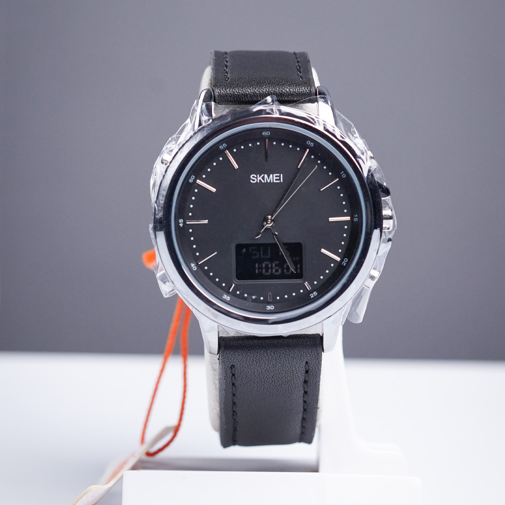 Original SKMEI 1652 – Dual Time Leather Belt Watch | Silver & Gold