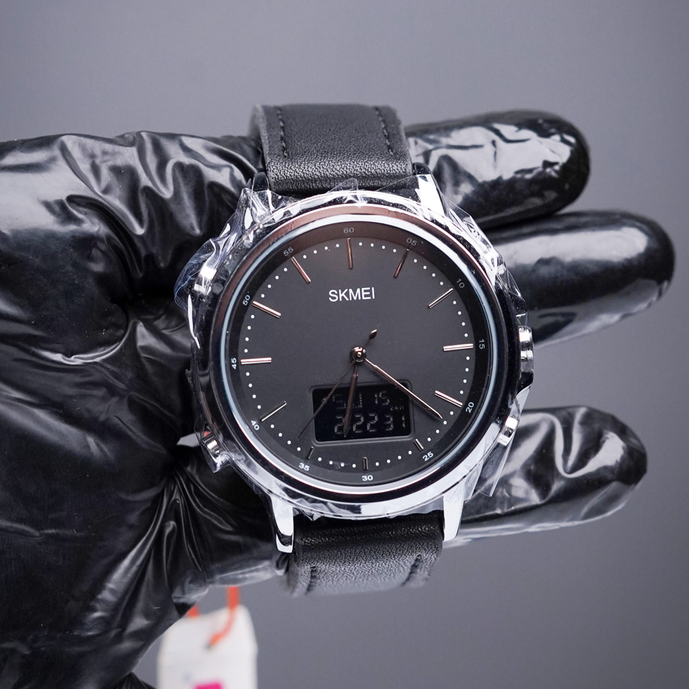Skmei-1652-black-02 Original SKMEI 1652 – Dual Time Leather Belt Watch | Silver & Gold