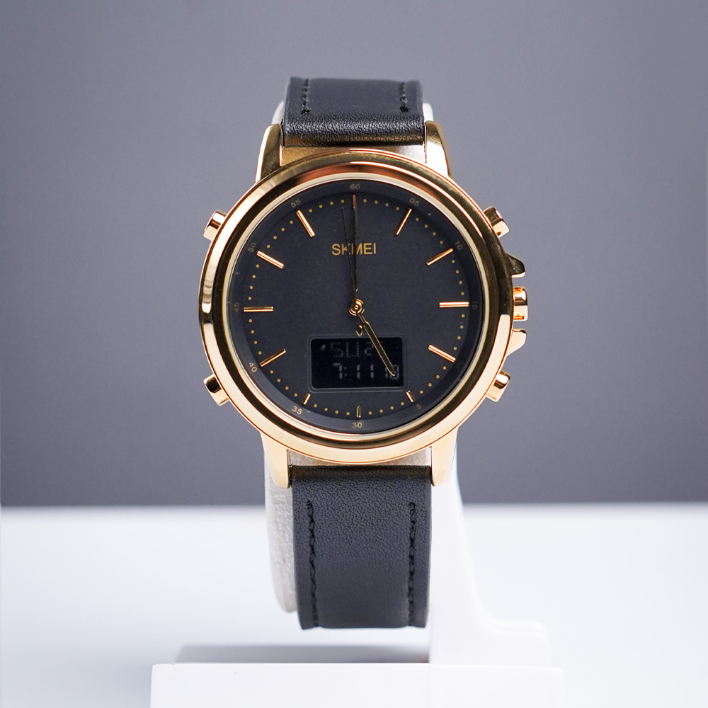 Original SKMEI 1652 – Dual Time Leather Belt Watch | Silver & Gold
