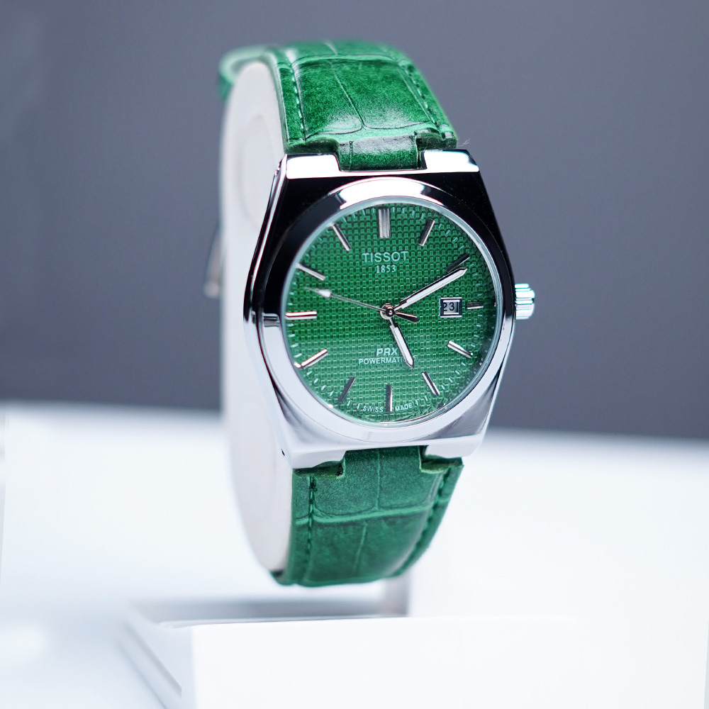 Tissot-1853-leather-green-02 Tissot PRX 1853 Powermatic 80 – Leather Strap Automatic Watch | Brown, Gray, Green & Black