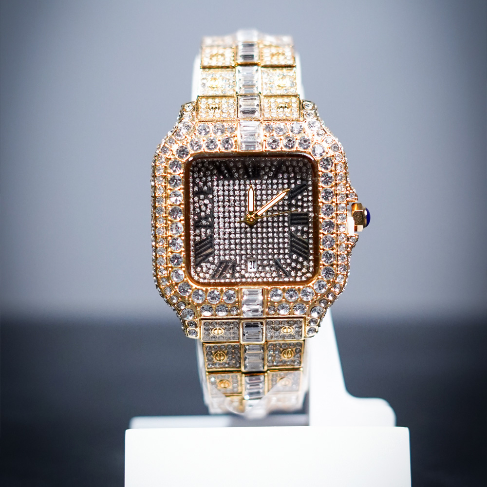 Cartier Rectangular White Stone Watch – Gold Dial | Elegant & Iconic Design