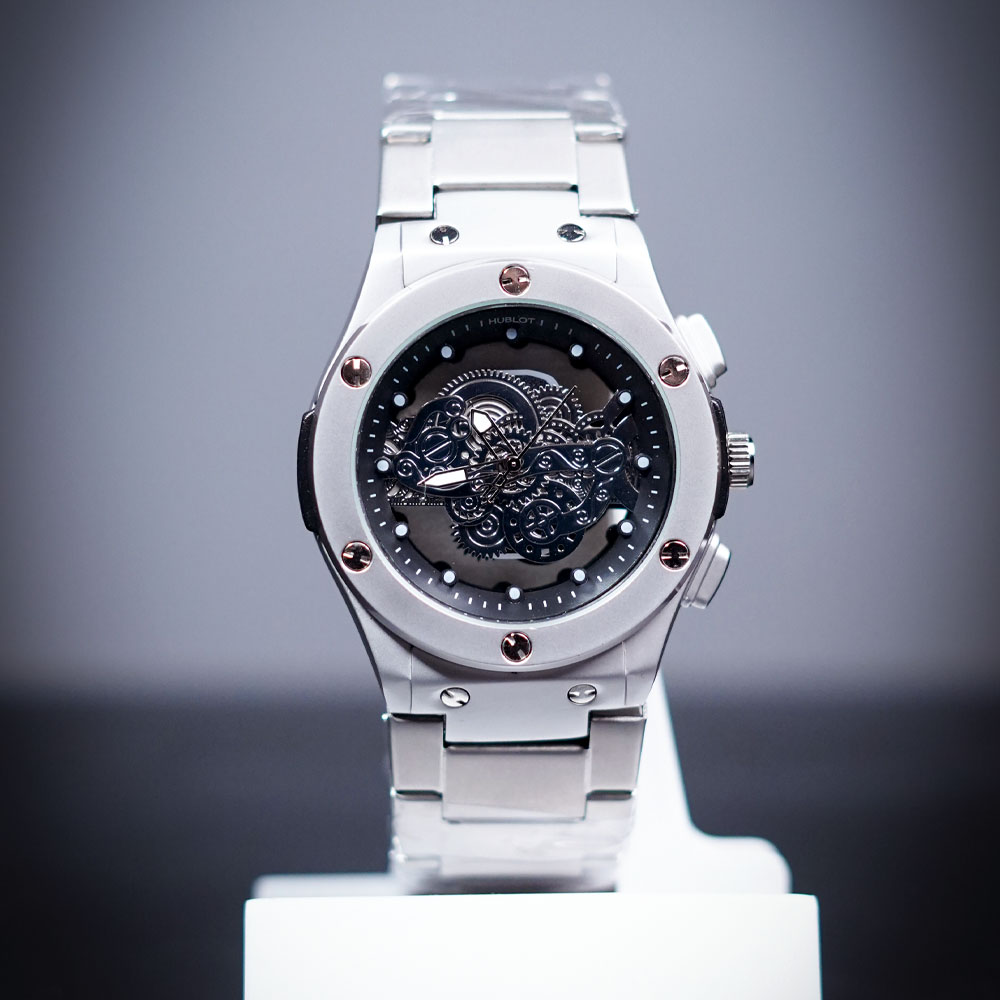 Hublot Skeleton Chain Watch – Silver Case with Black Dial | Luxury Mechanical Style