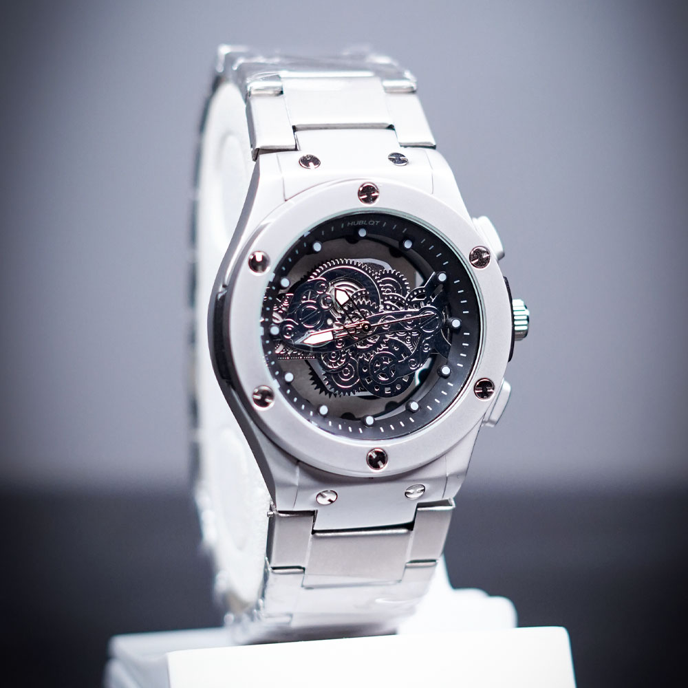 Hublot Skeleton Chain Watch – Silver Case with Black Dial | Luxury Mechanical Style